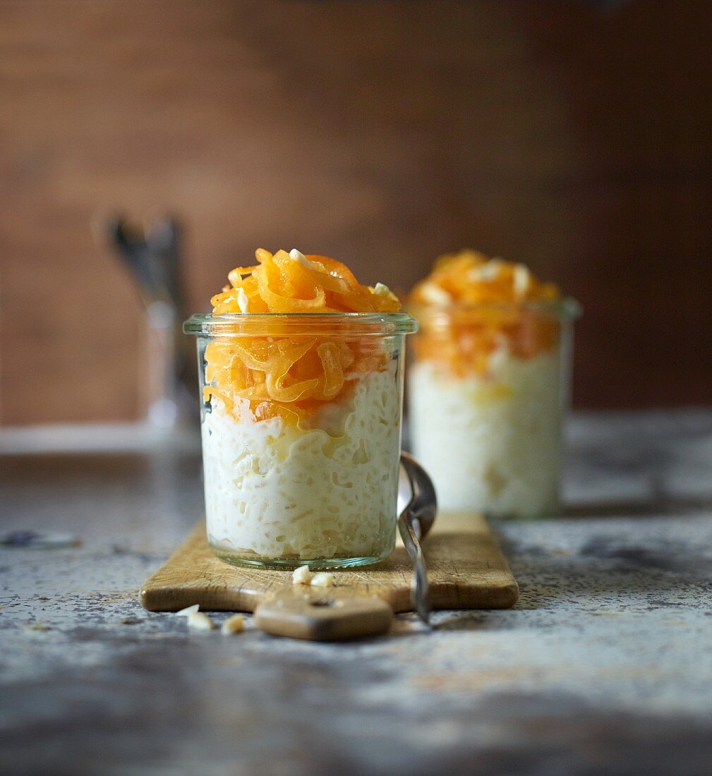 Cardamom rice pudding with fruit spirals