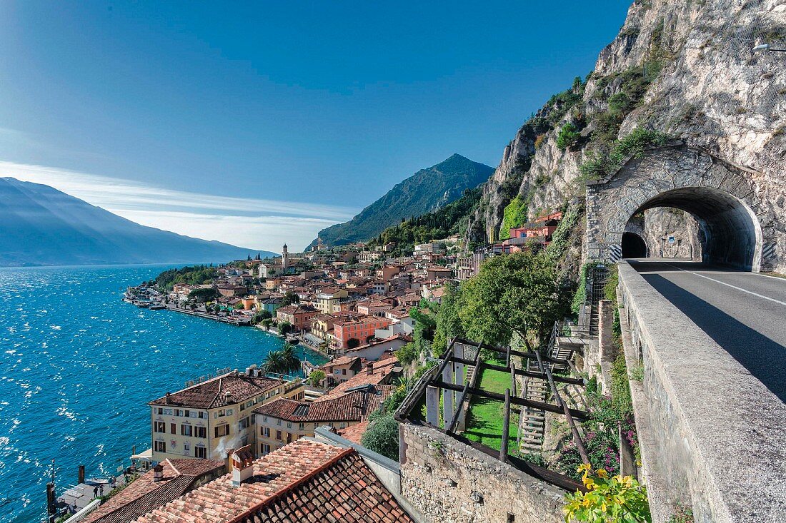 A view of the west bank road looking south by Limone, Lake Garda, Italy