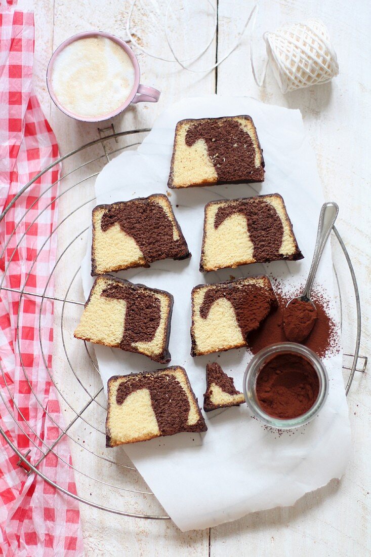 Slices of marble cake on a wire rack