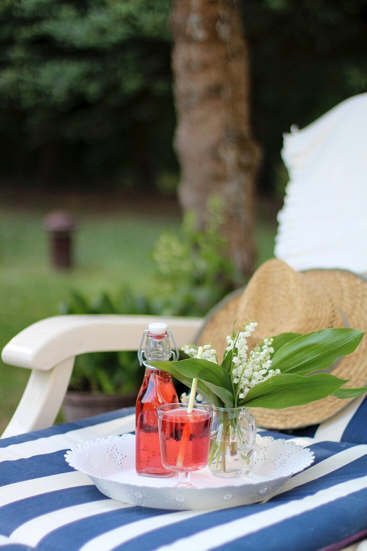 Selbstgemachte Erdbeerlimonade auf Tablett abgestellt auf Liegestuhl im Garten