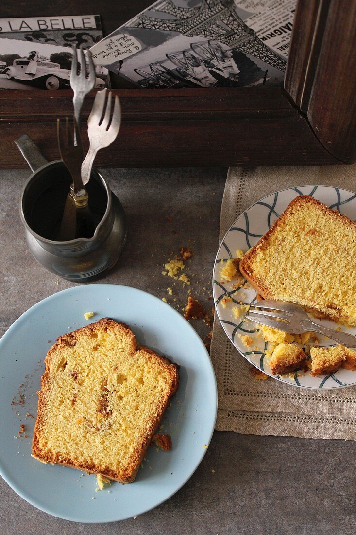 Two slices of corn cake with cinnamon and brown sugar