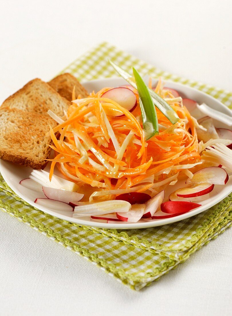 Celery and carrot salad with radishes and toasted bread