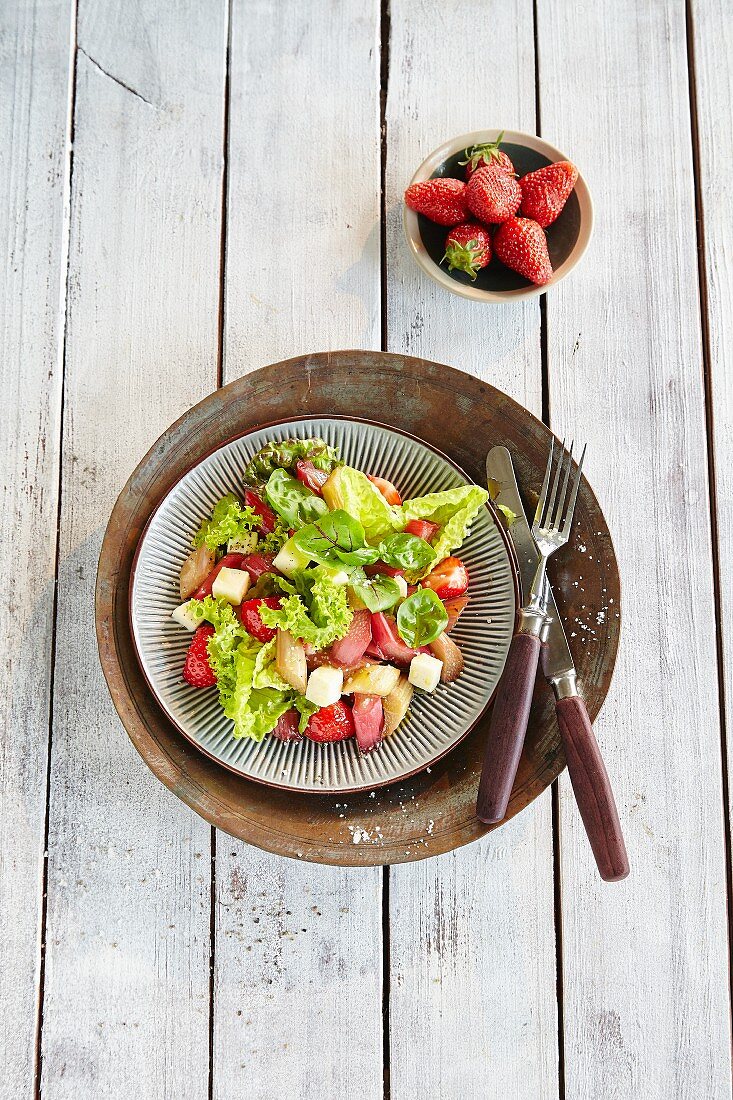 Rhubarb salad with mozzarella and strawberries (seen from above)