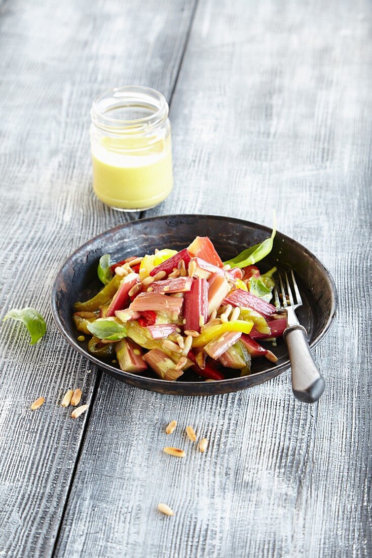 Rhubarb salad with peppers and pine nuts