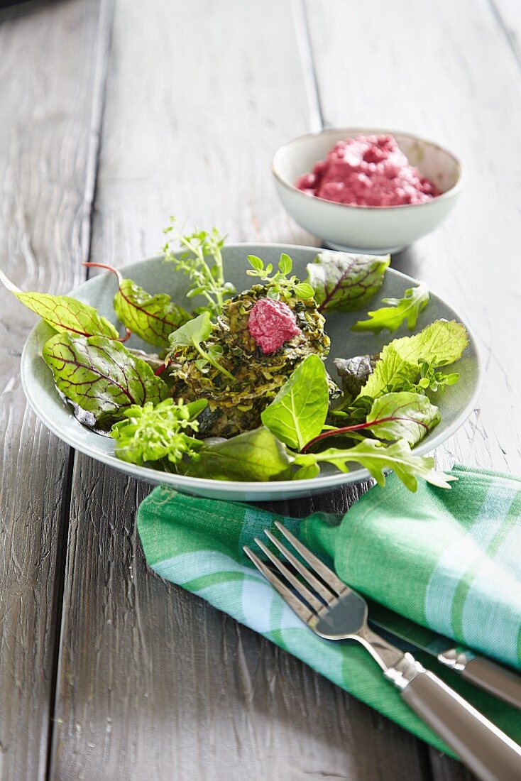 Courgette fritters with salad and beetroot dip
