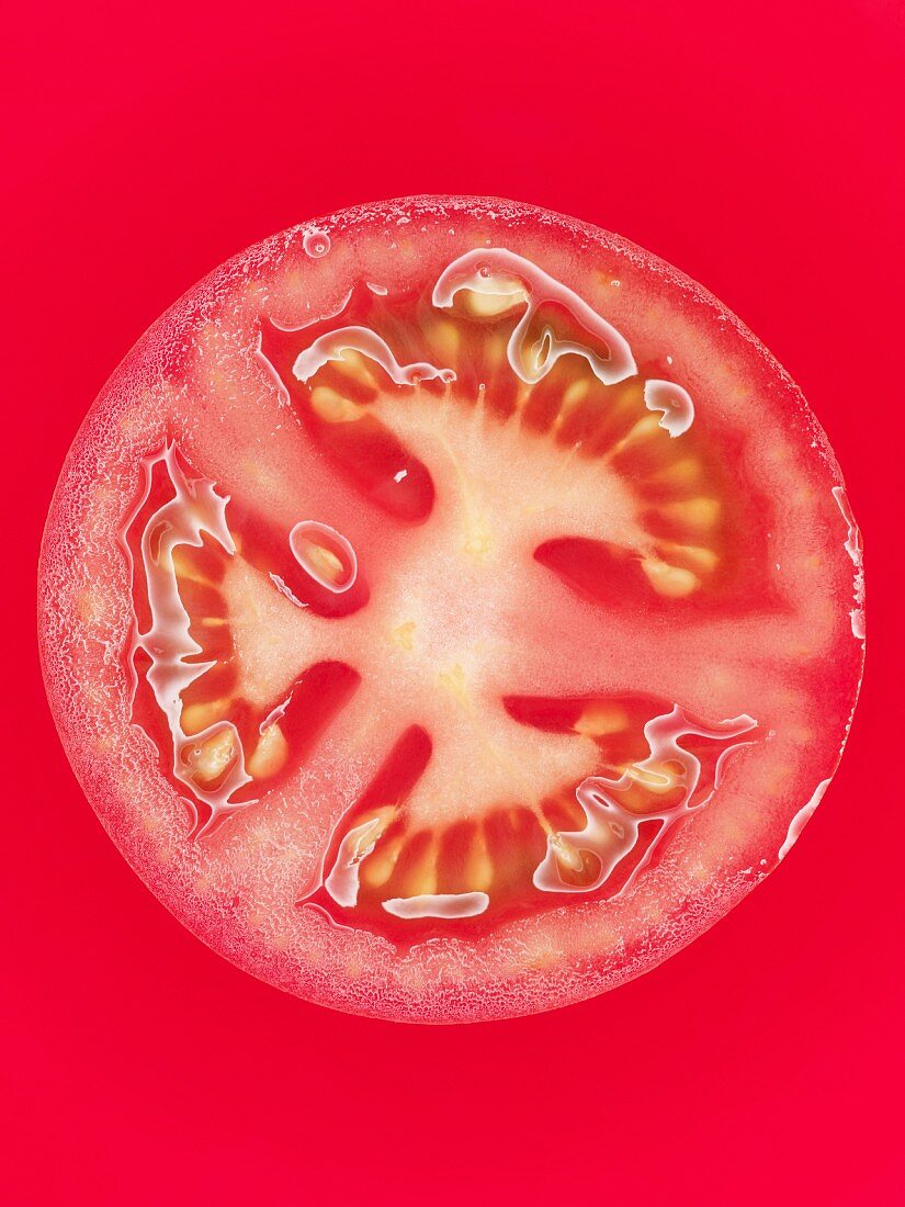 Aufgeschnittene rote Tomate vor rotem Hintergrund, Close-Up