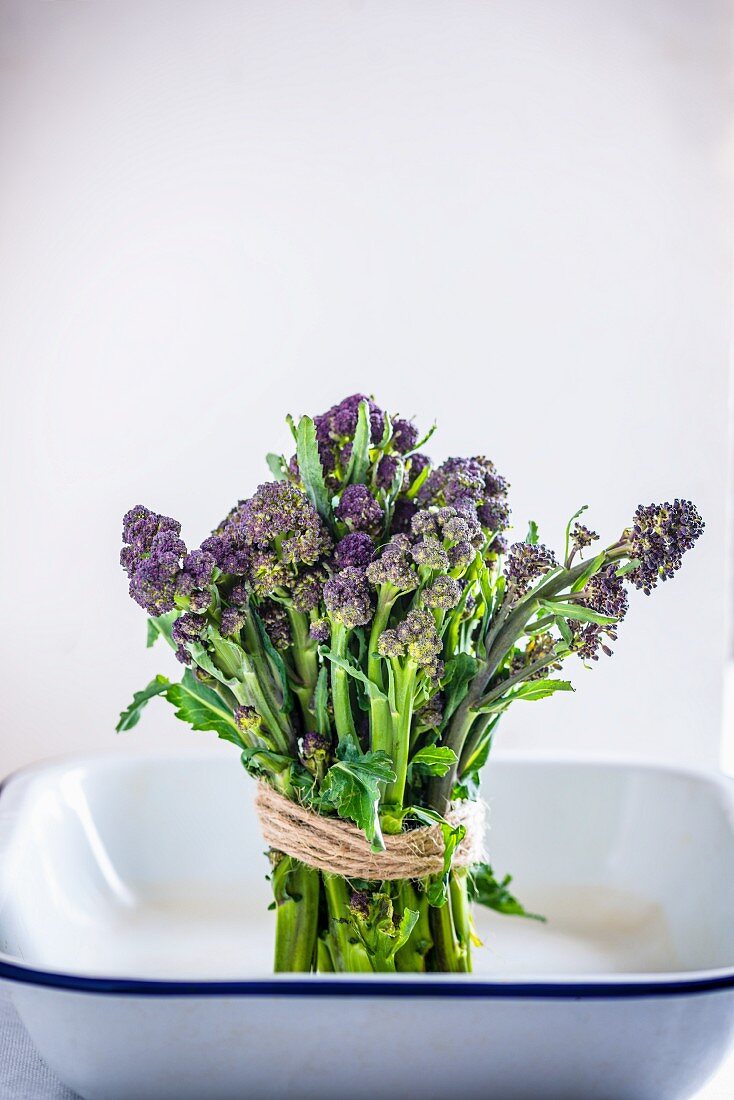 A bundle of purple sprouting broccoli in an enamel bowl