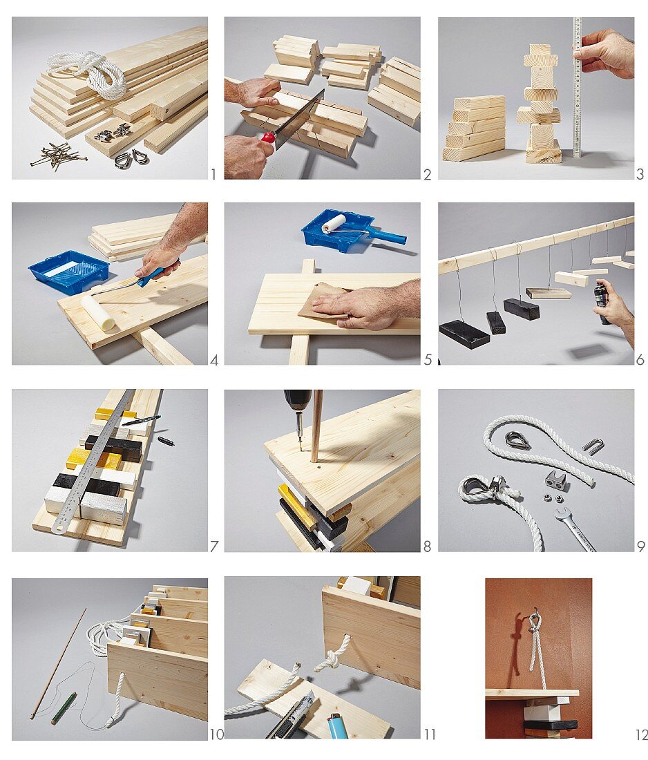 Instructions for building a wall-mounted bookcase from colourful wooden blocks