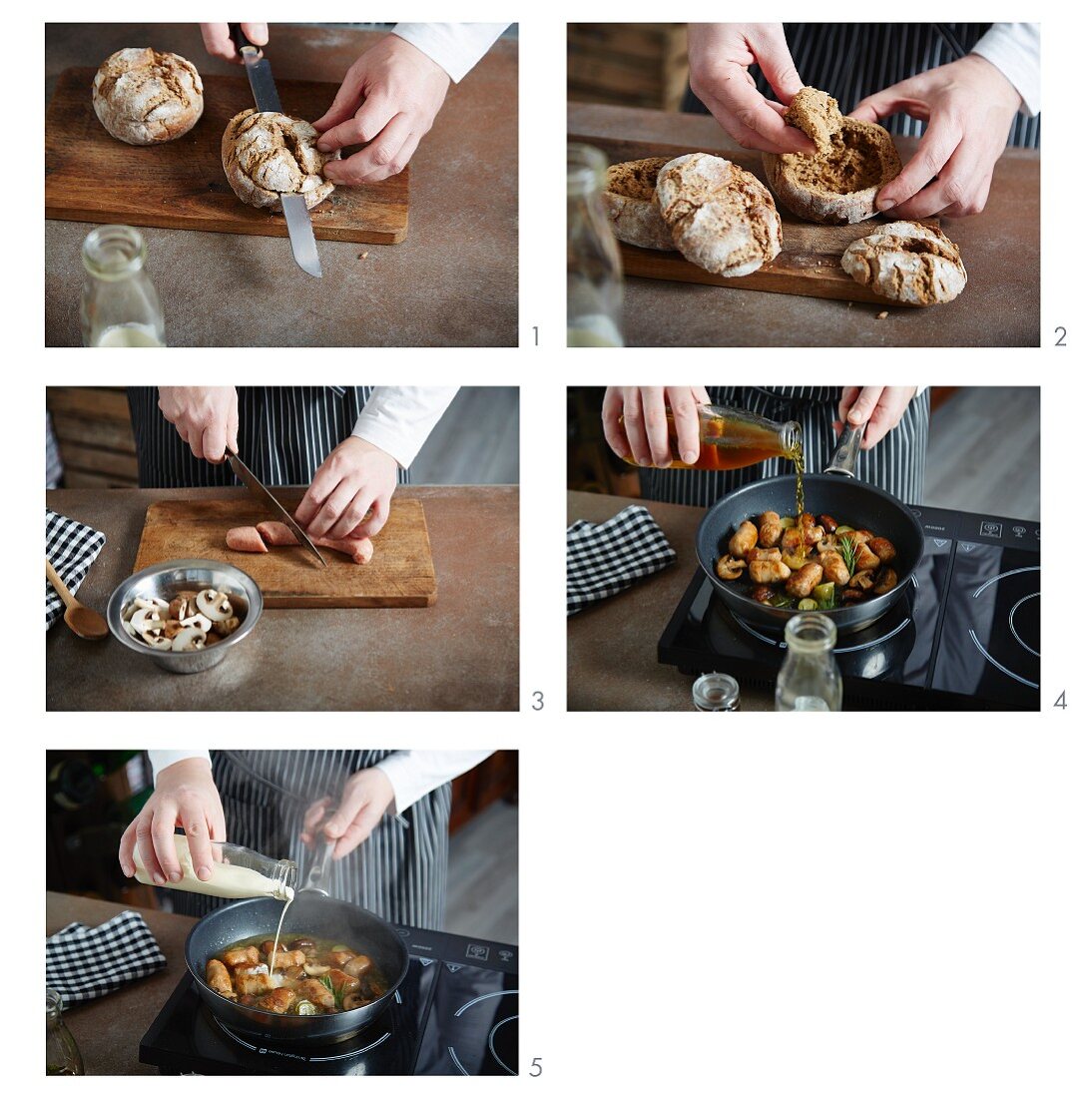 Rye bread rolls filled with sausages and mushrooms being made