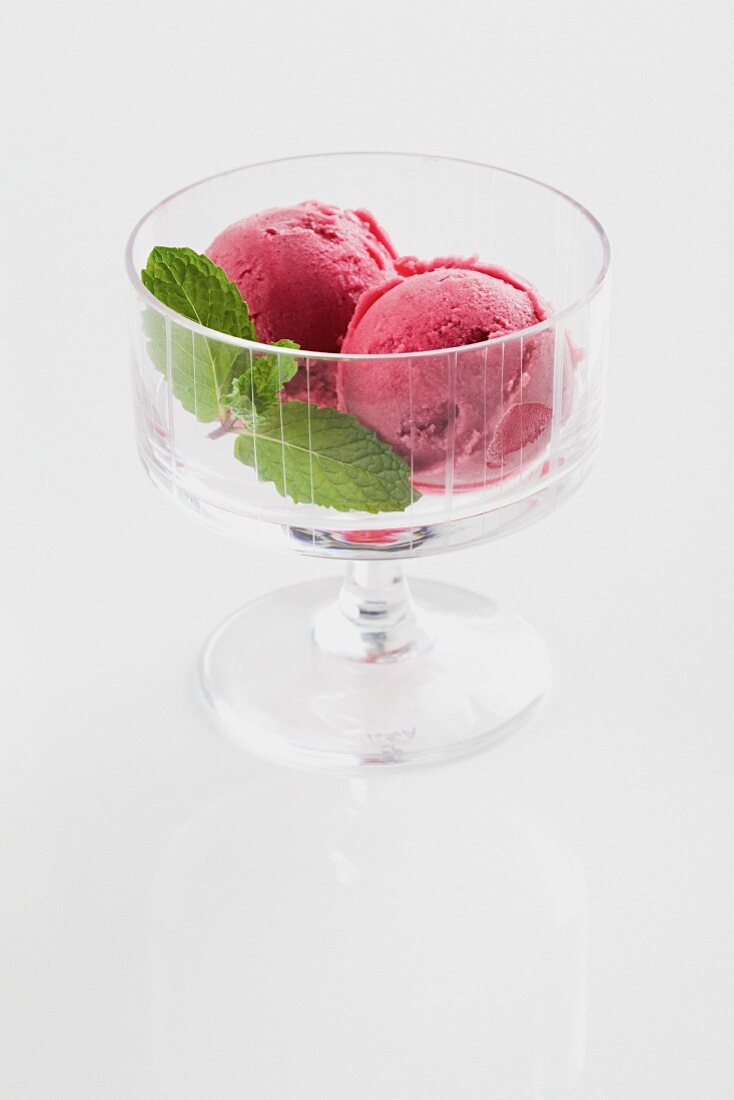 Blackberry sorbet with mint leaves
