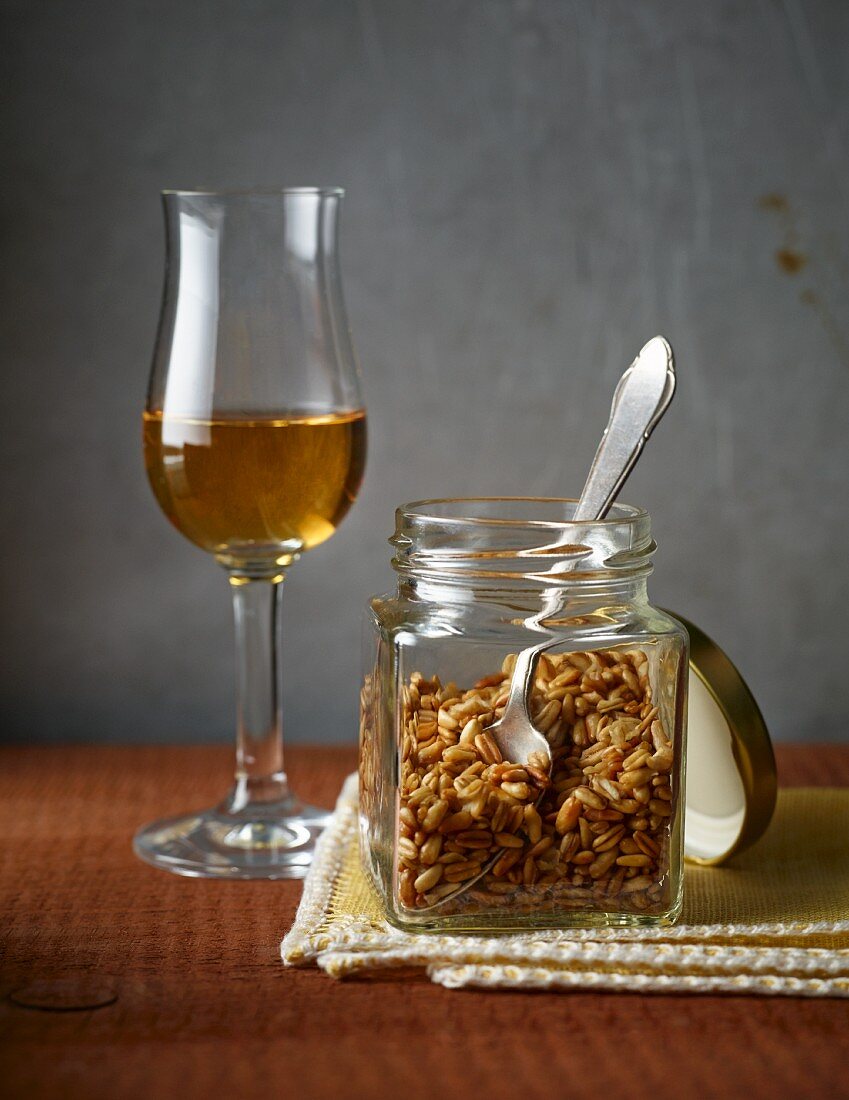 Toasted oats with a glass of Sasse Roggenkorn liqueur
