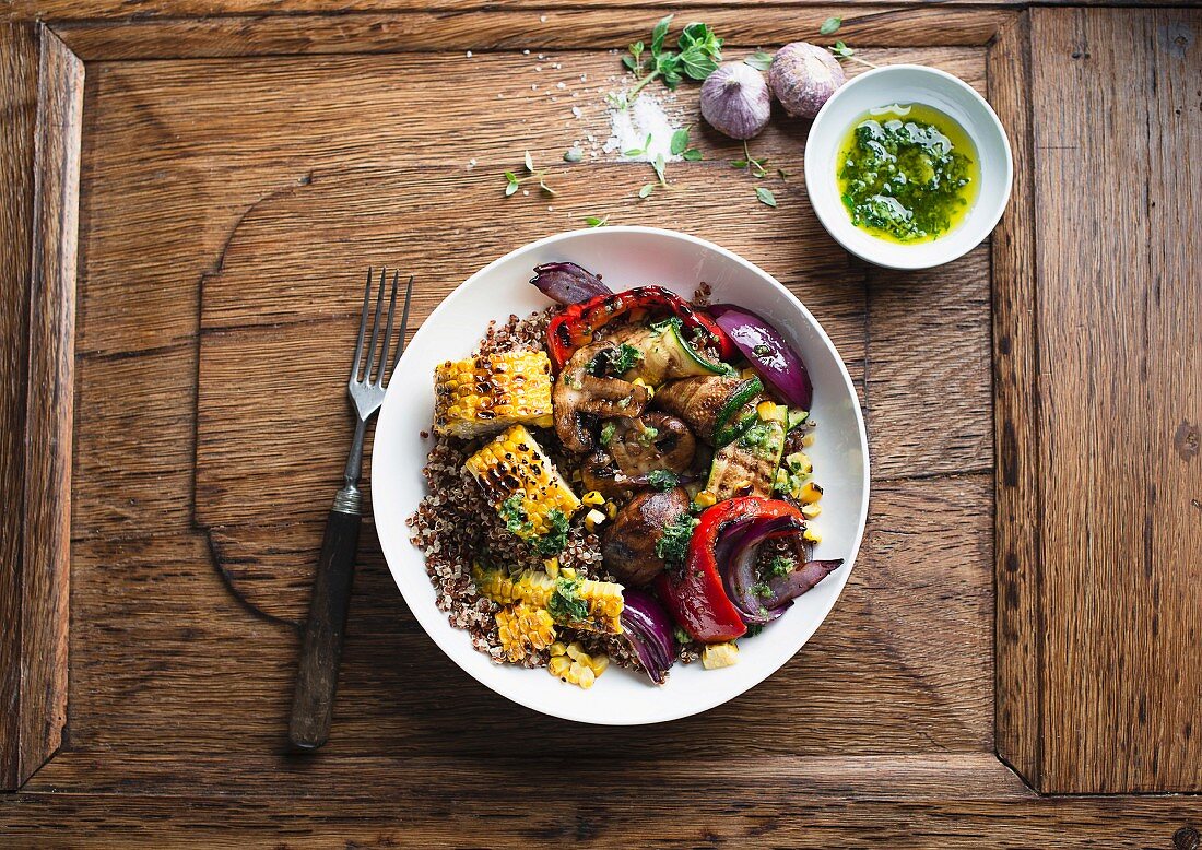 Quinoa with grilled vegetables and herb oil