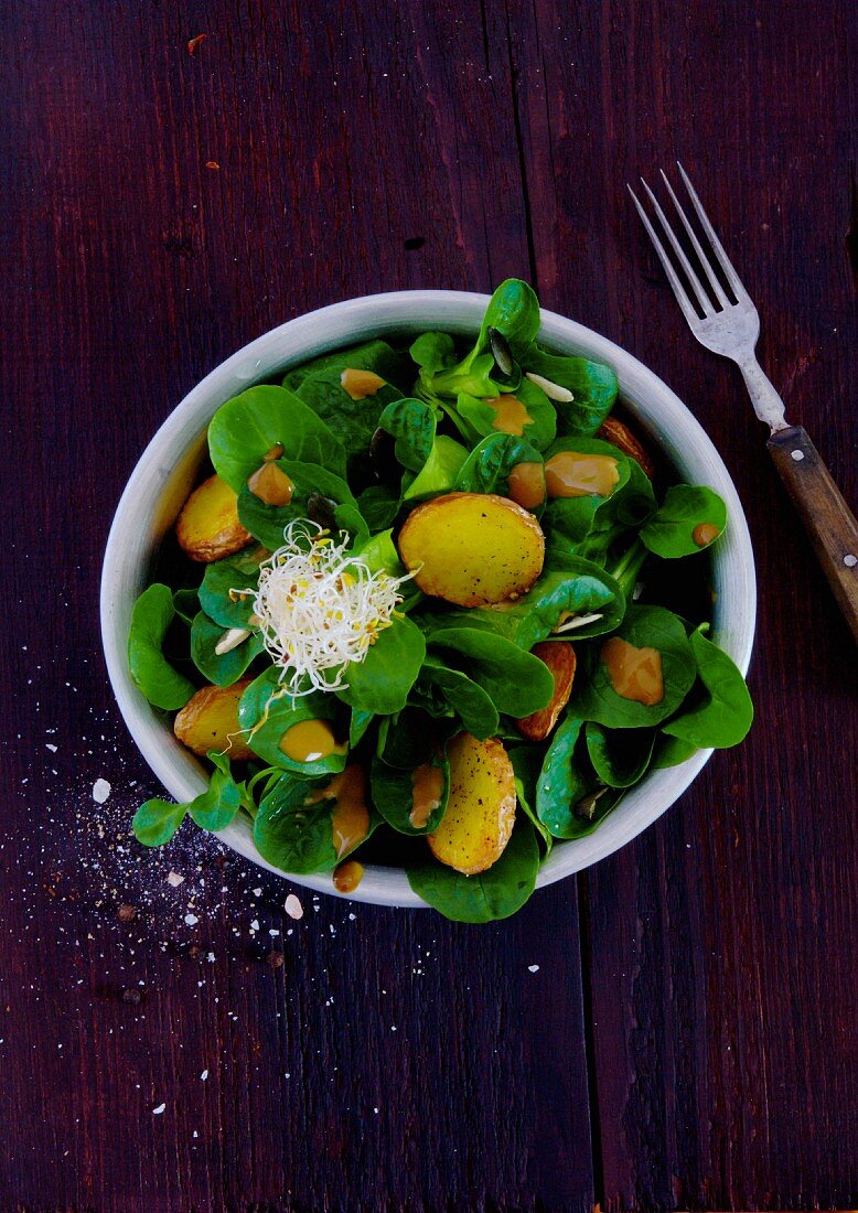 Feldsalat mit Backkartoffeln, Sprossen und Balsamicocreme