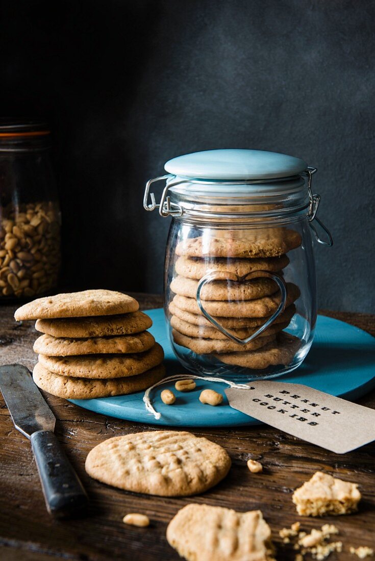 Peanut butter cookies in a jar and and next to it with a label