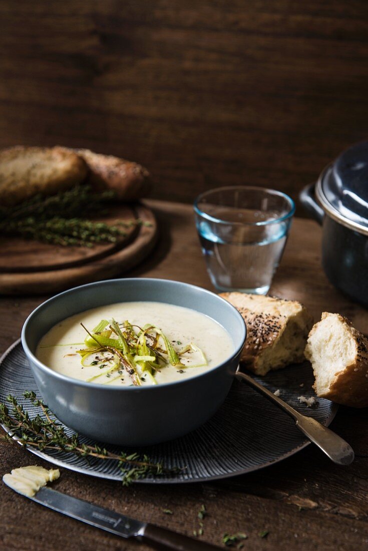 Cream of leek and potato soup with crispy strips of leek