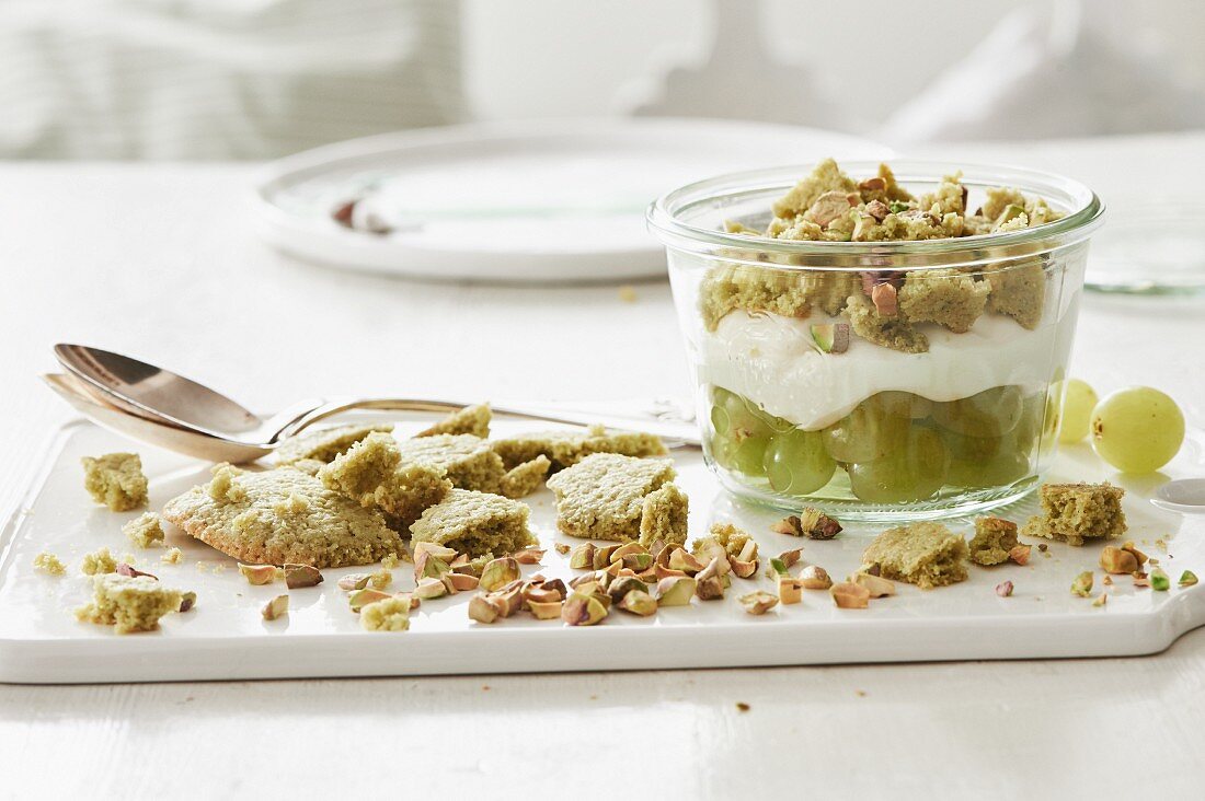 Matcha cookie, yoghurt and green grape trifle