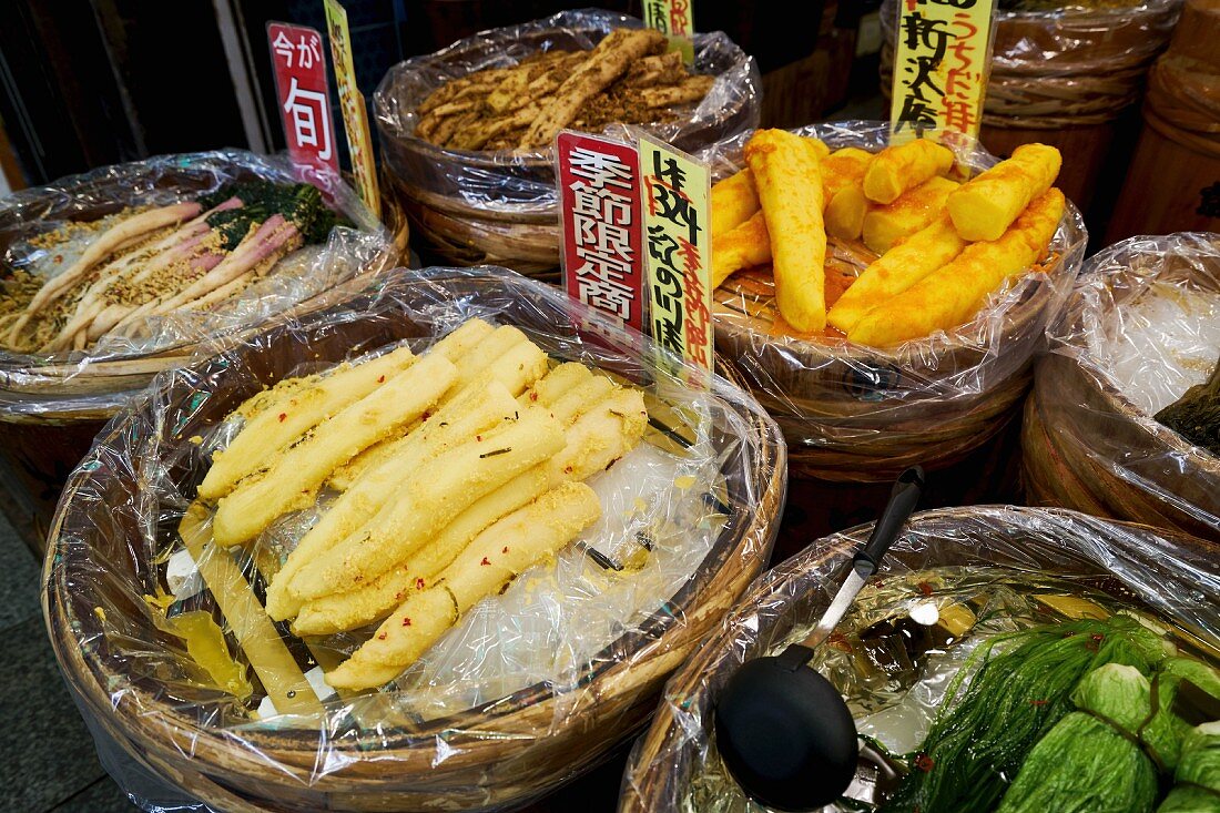 Root vegetables at the Nishiki market in Kyoto, Japan