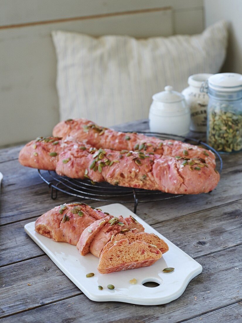 Beetroot baguettes with pumpkin seeds