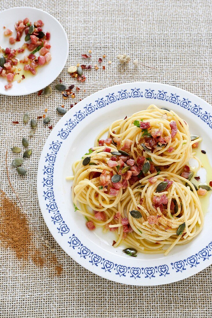 Spaghetti with Pancetta and pumpkin seeds