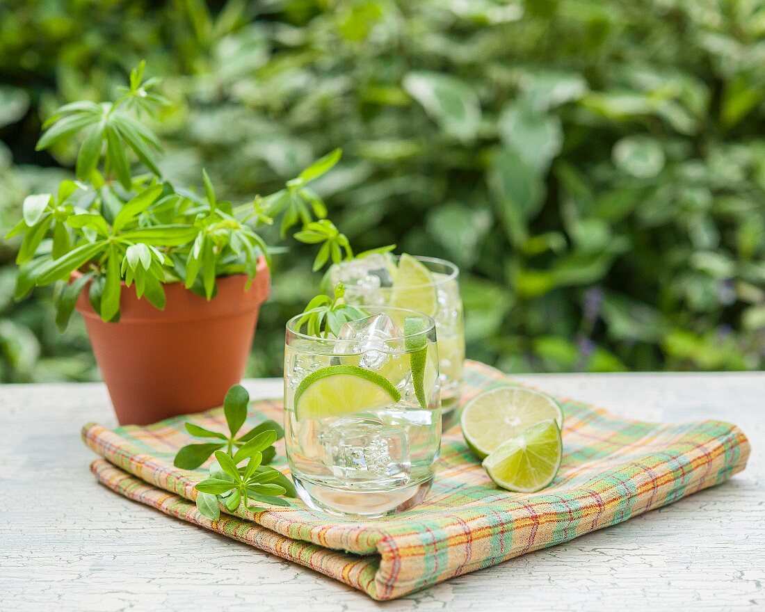 Waldmeister und Maitrank auf Gartentisch