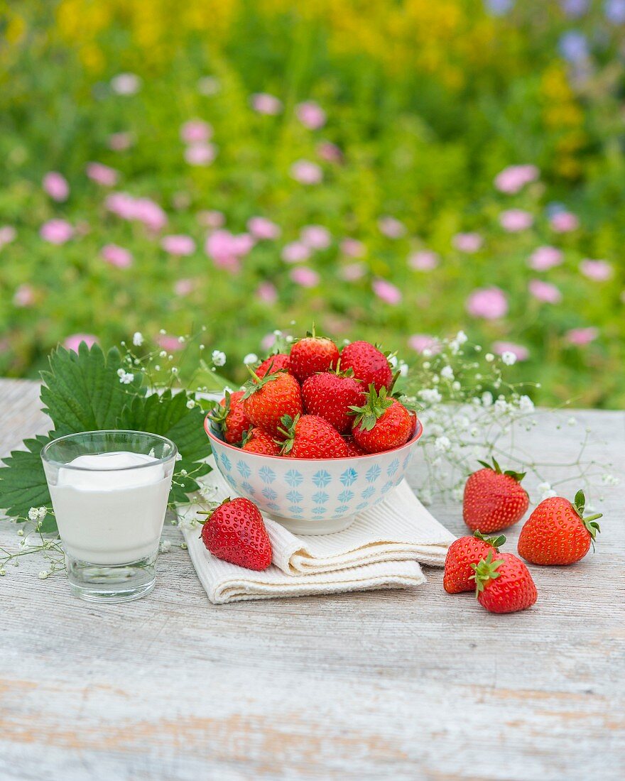Erdbeeren und Sahne auf Gartentisch
