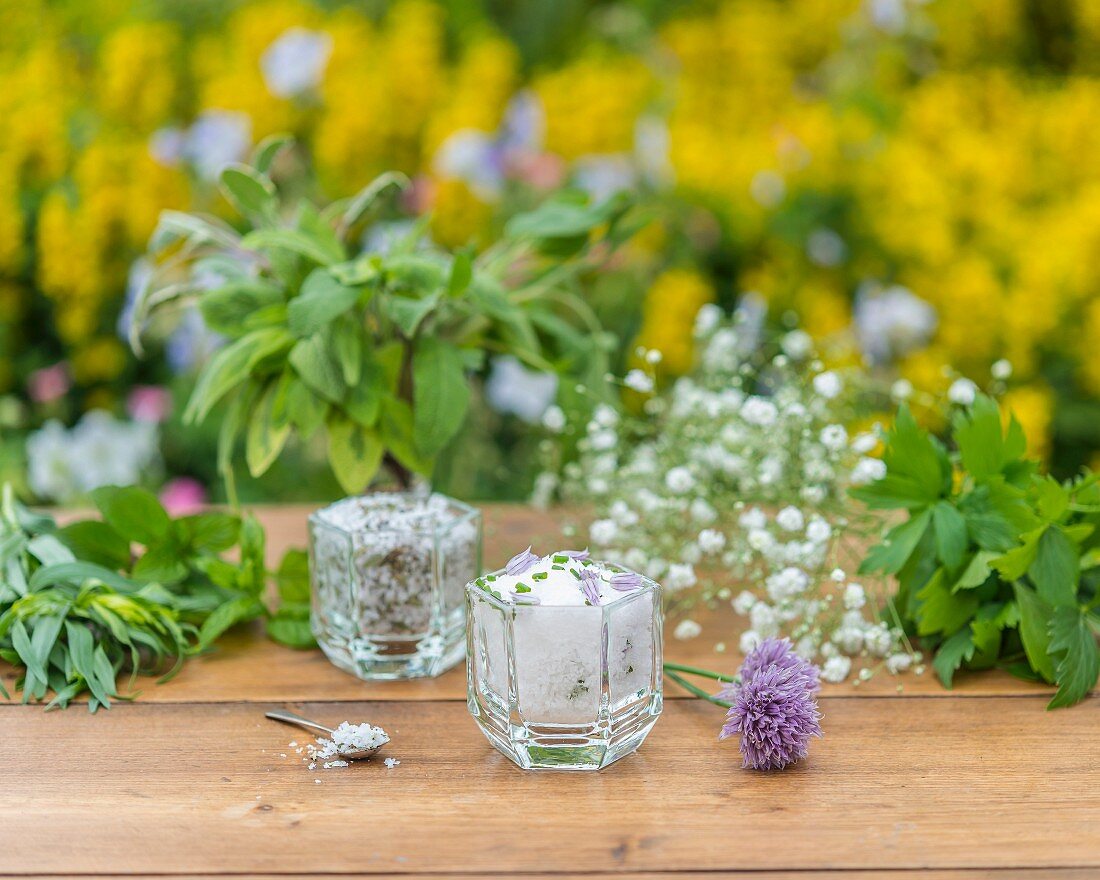 Herb salt on a garden table