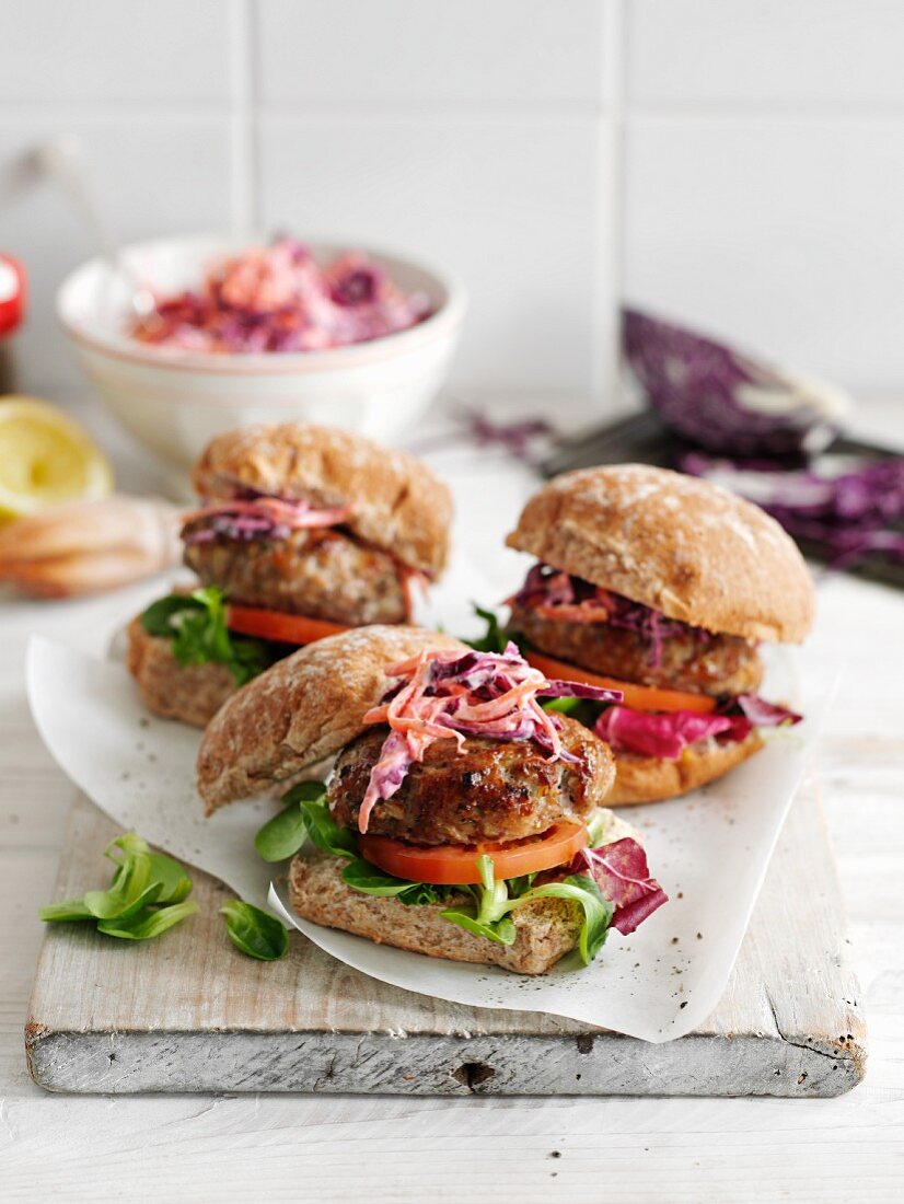 Pork burgers with sage and a red cabbage salad