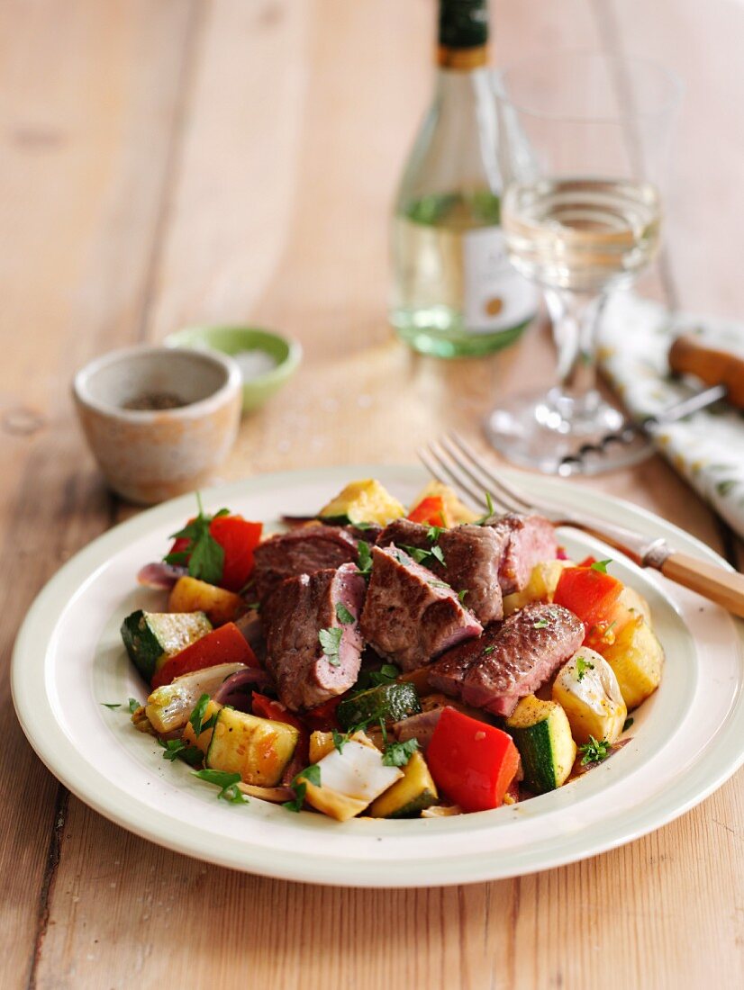 Quick fried lamb with courgette and peppers