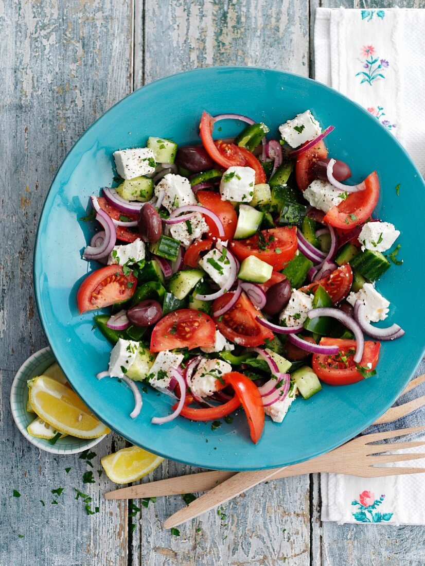Greek salad with red onions and feta cheese