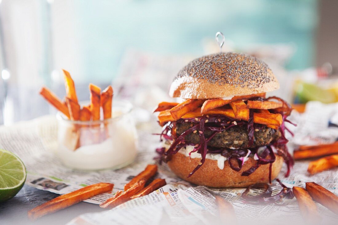 Lentil burger with sweet potato chips and lime mayonnaise