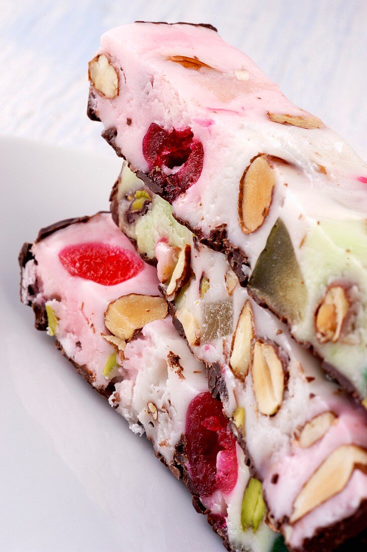 White ice cream nougat with fruit and nuts