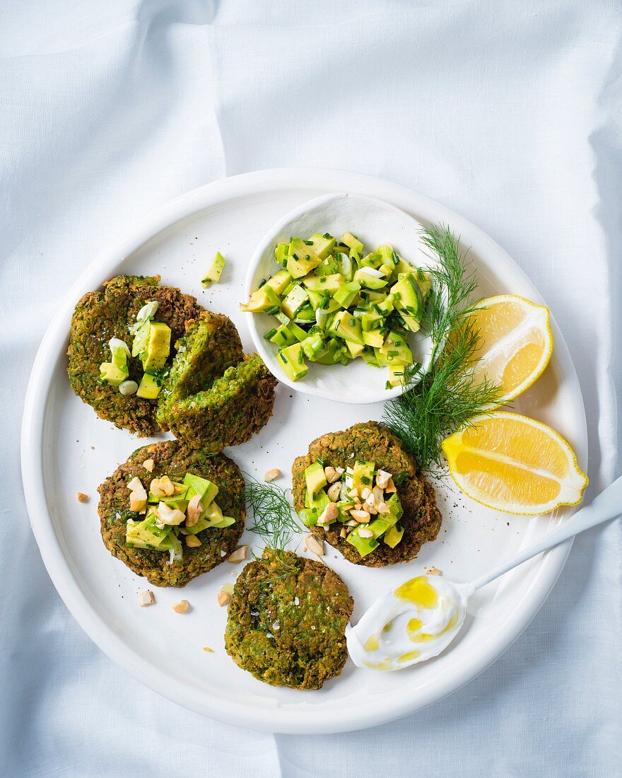 Courgette fritters with an avocado salsa and a coconut dip