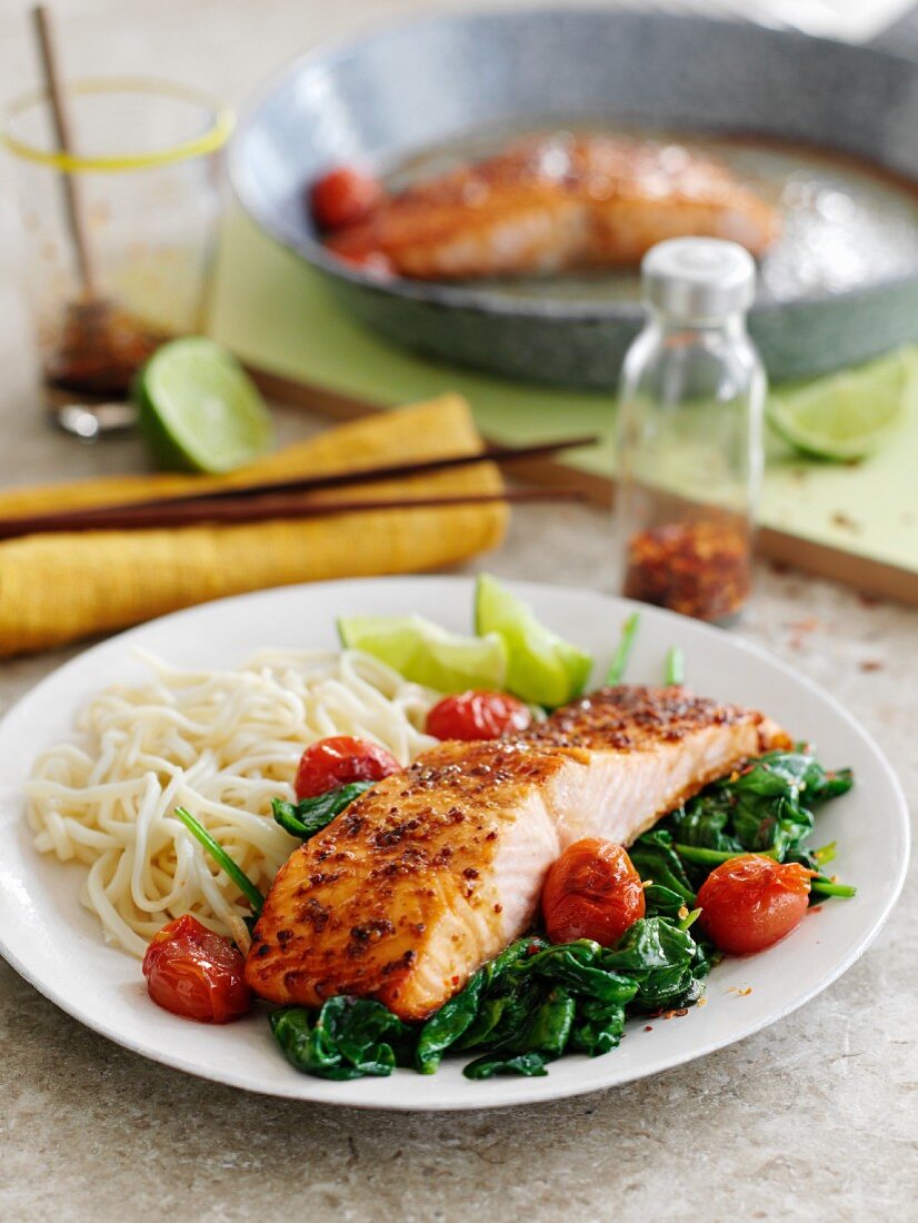 Honey and mustard salmon with spinach and roasted cherry tomatoes