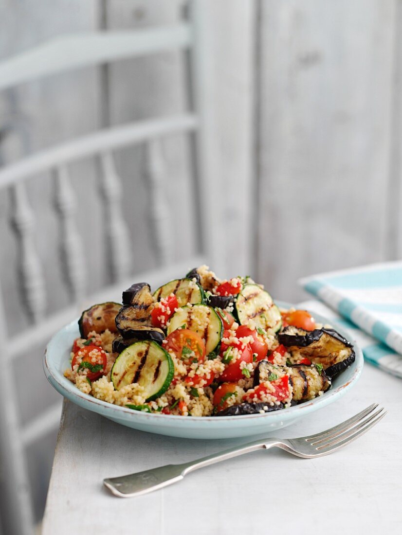 Couscous salad with aubergine, courgettes and mint