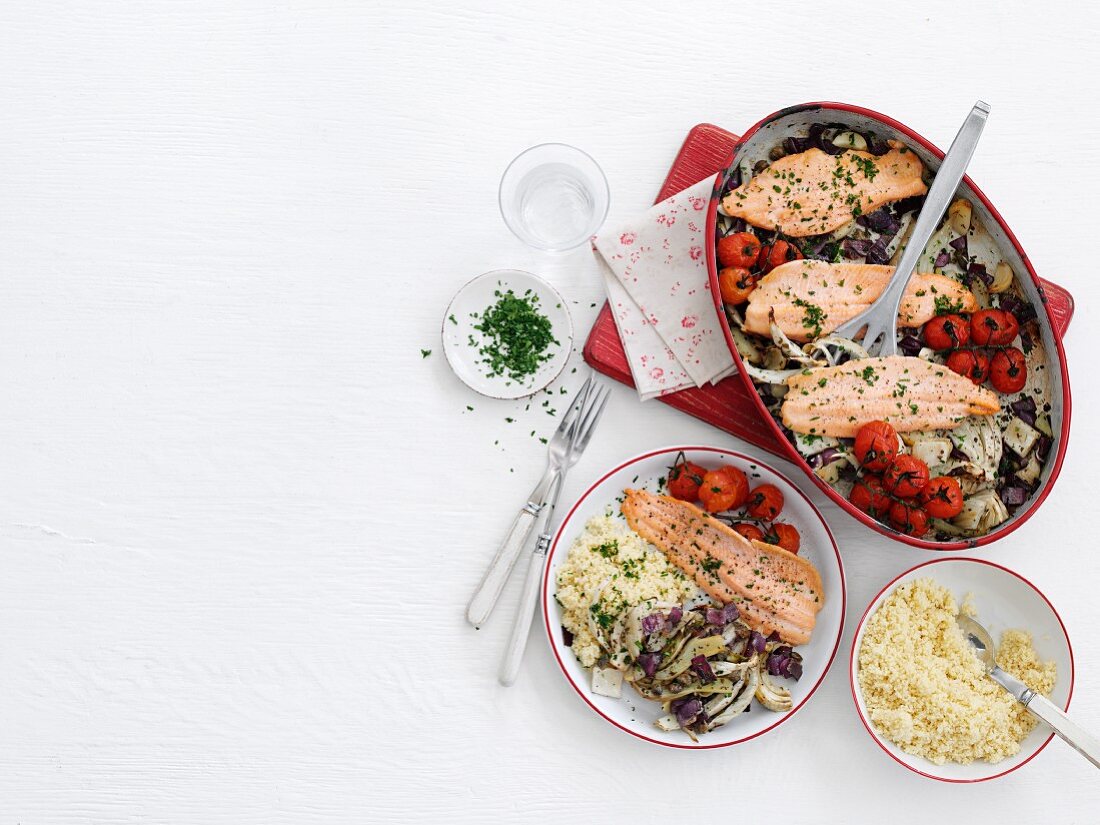 Mediterranean-style baked trout with couscous