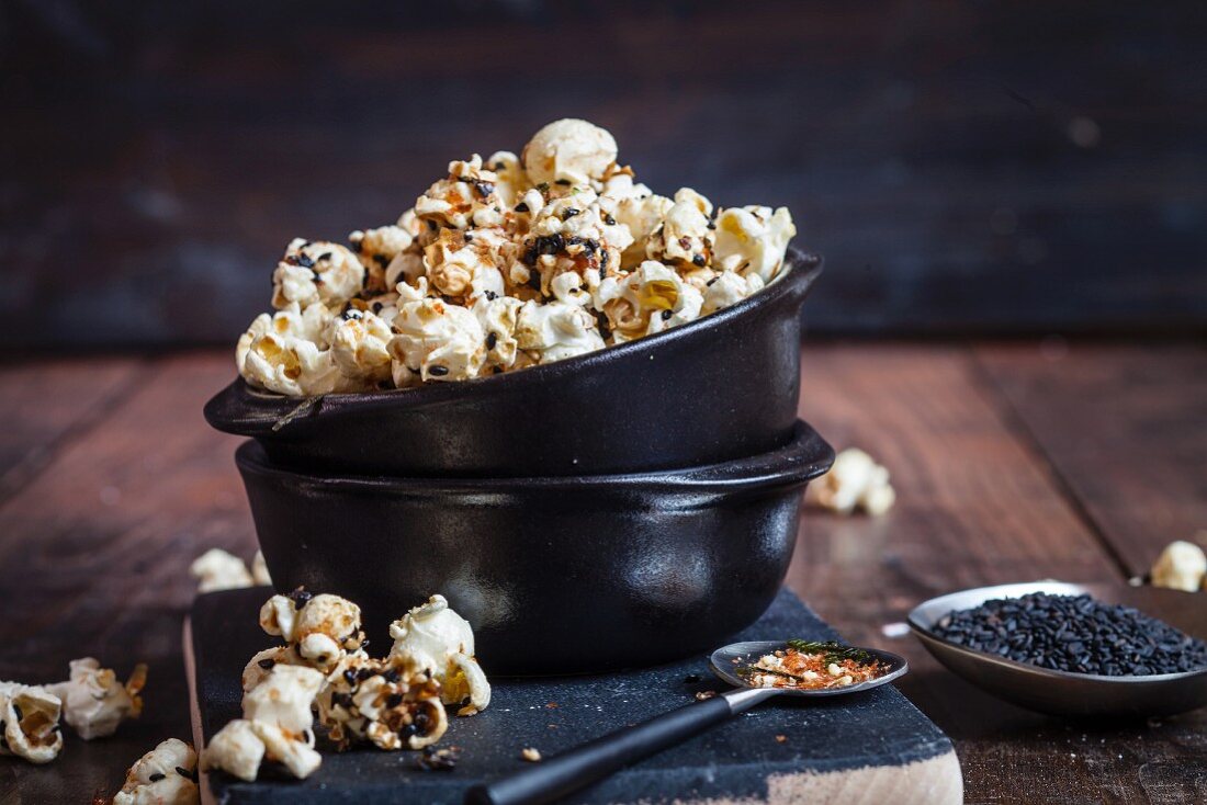 Salty popcorn with furikake (Japanese spice) and sesame seeds