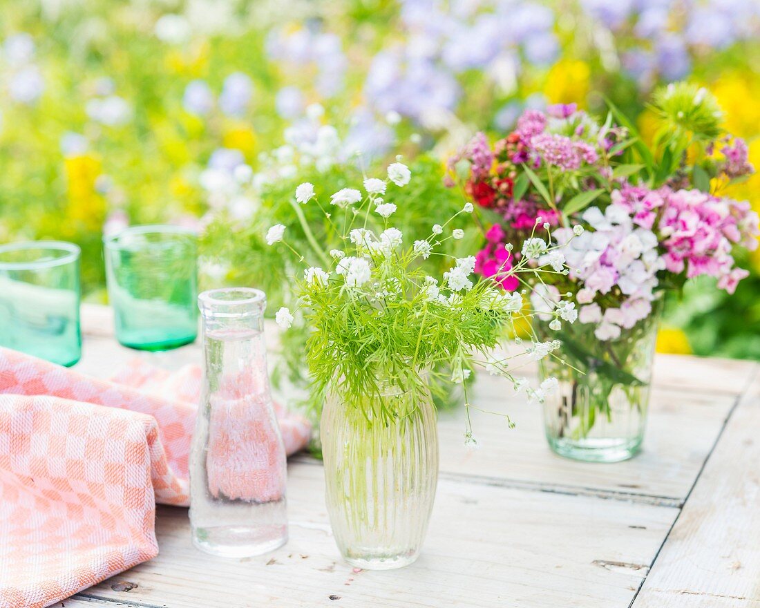 Dill und Sommerblumen in Glasvasen