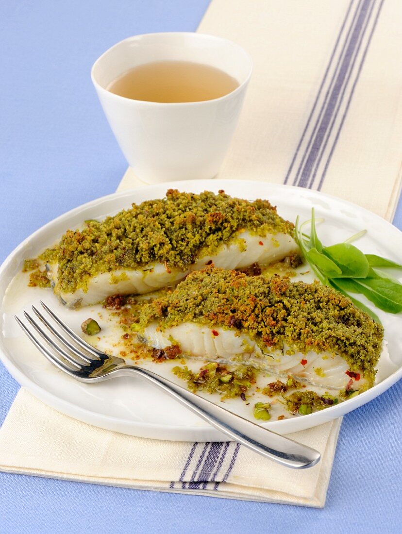 Baccalao al pistacchio (stock fish with a pistachio nut crust, Italy)