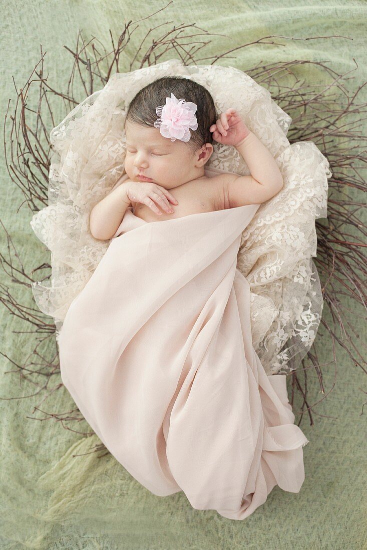 Baby mit Blume im Haar und in rosa Seidentücher gewickelt in Nest