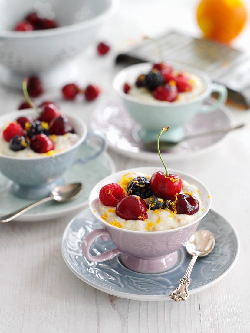 Semolina pudding with berries and cherries