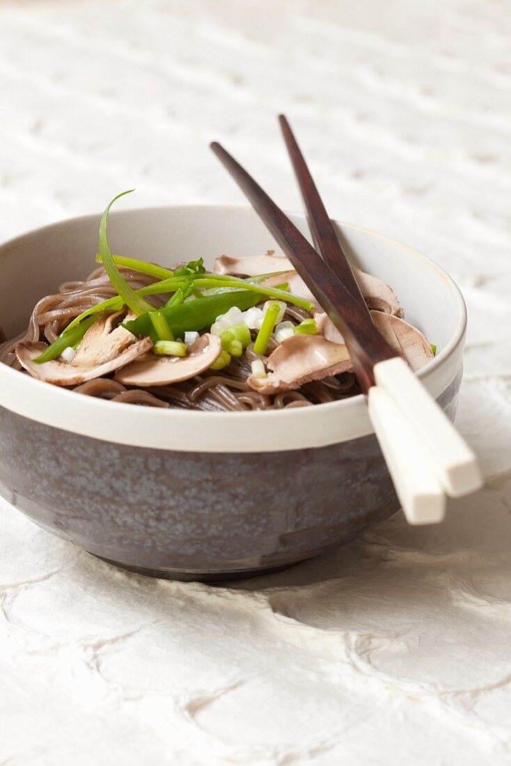 Soba noodles with mushrooms and spring onions (Japan)
