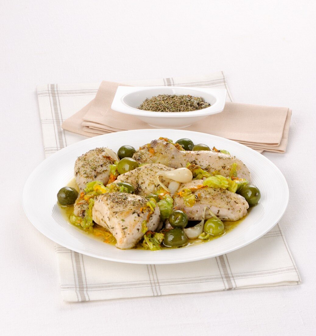 Herb chicken with green olives