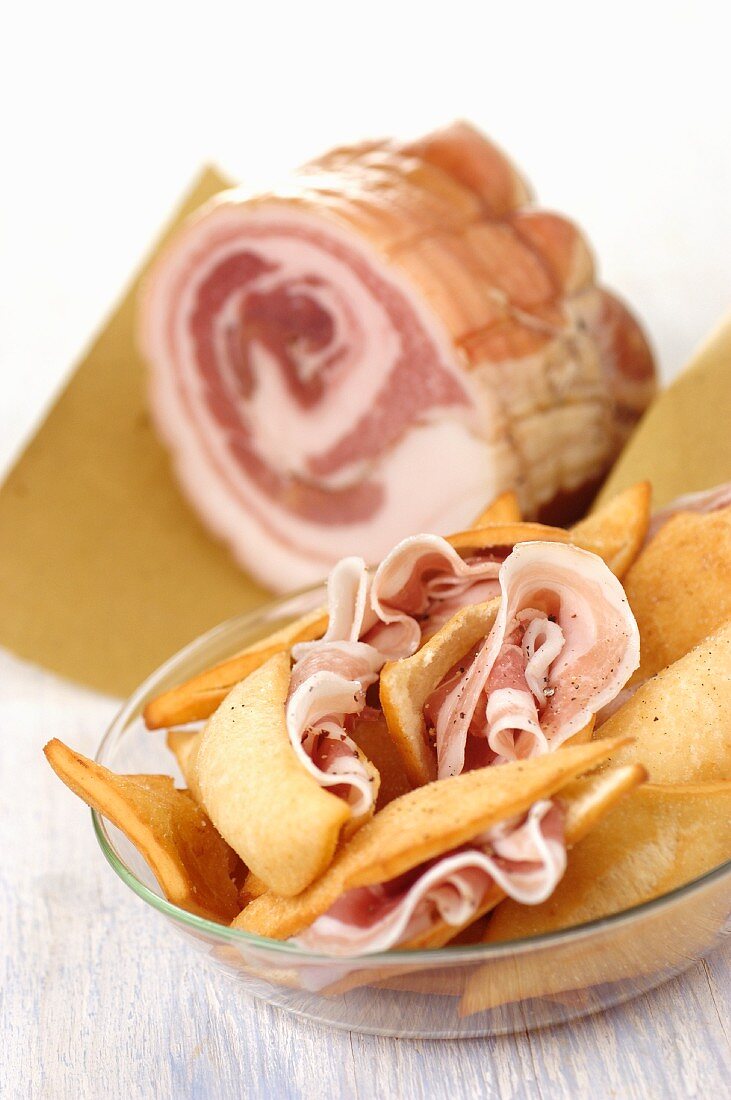 Pancetta & Gnocco fritto (bacon and fried bread dough, Italy)