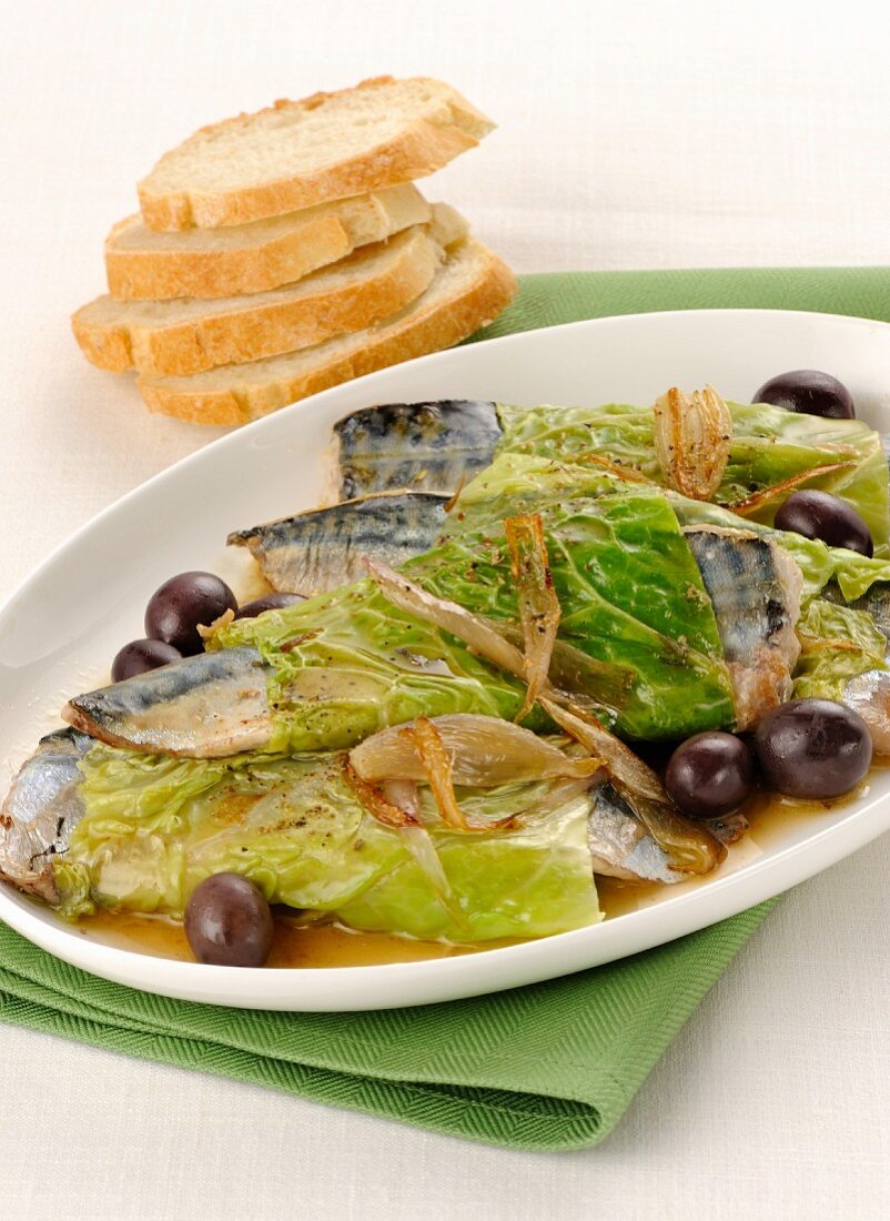 Mackerel wrapped in savoy cabbage with olives