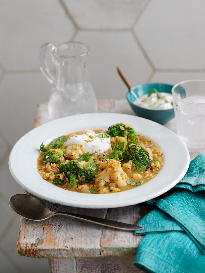 Eingedickte Gemüsesuppe mit Linsen und Brokkoli