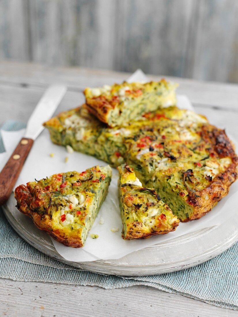 Crustless vegetable quiche, sliced