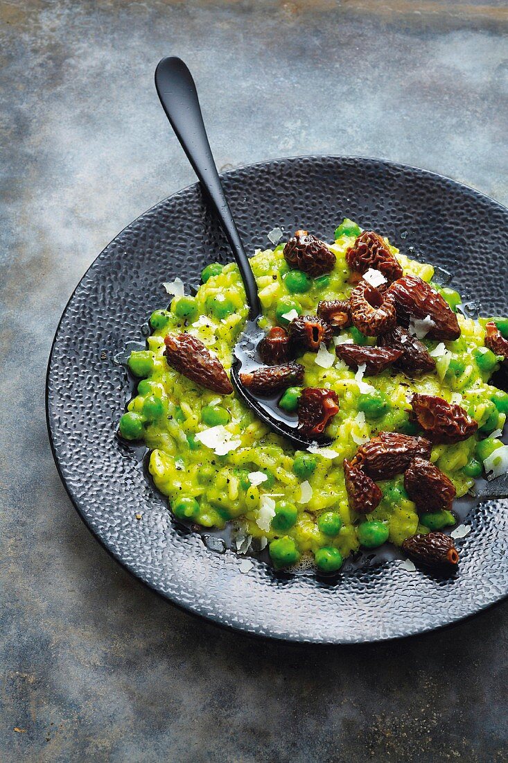 Pea risotto with morel mushroom nut butter