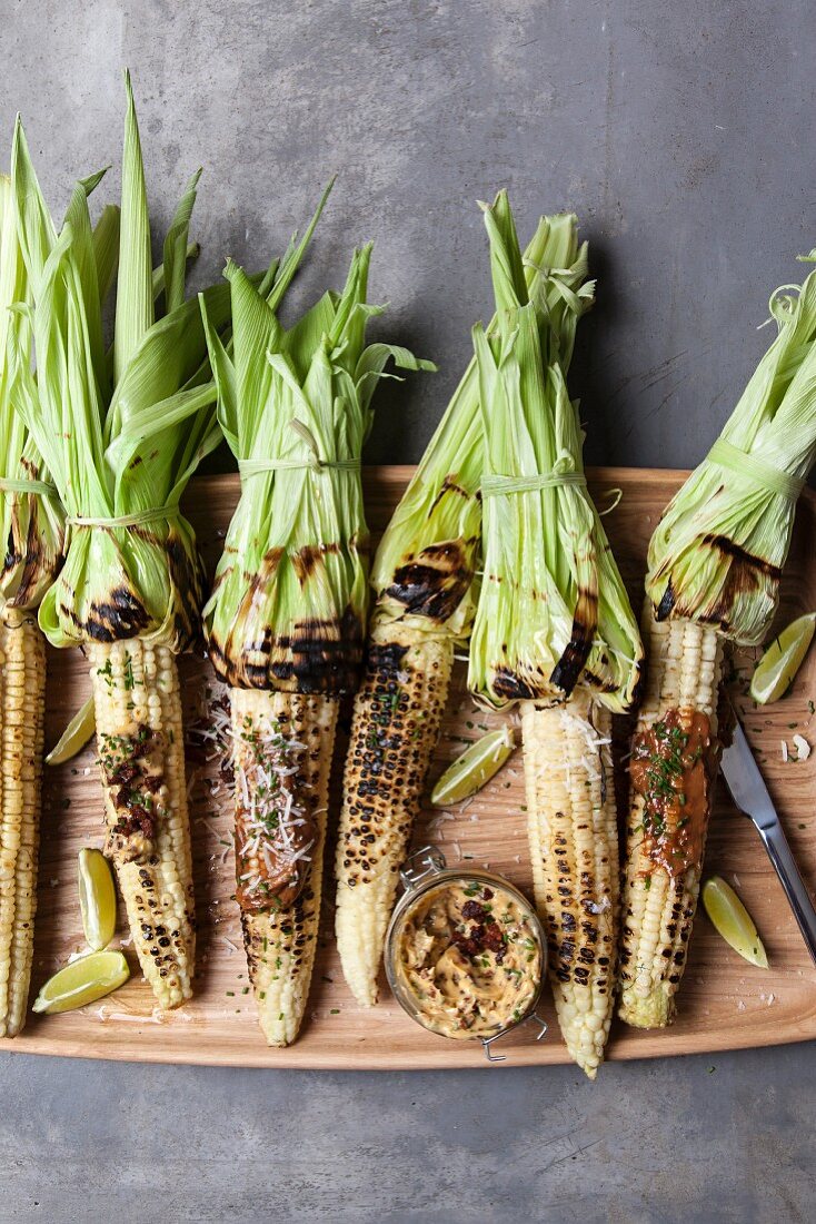 Grilled corn cobs with chorizo and miso butter