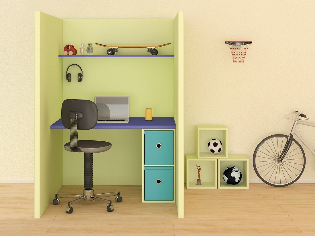 Kinderzimmer mit Schreibtisch hinter Trennwänden, 3D-Rendering