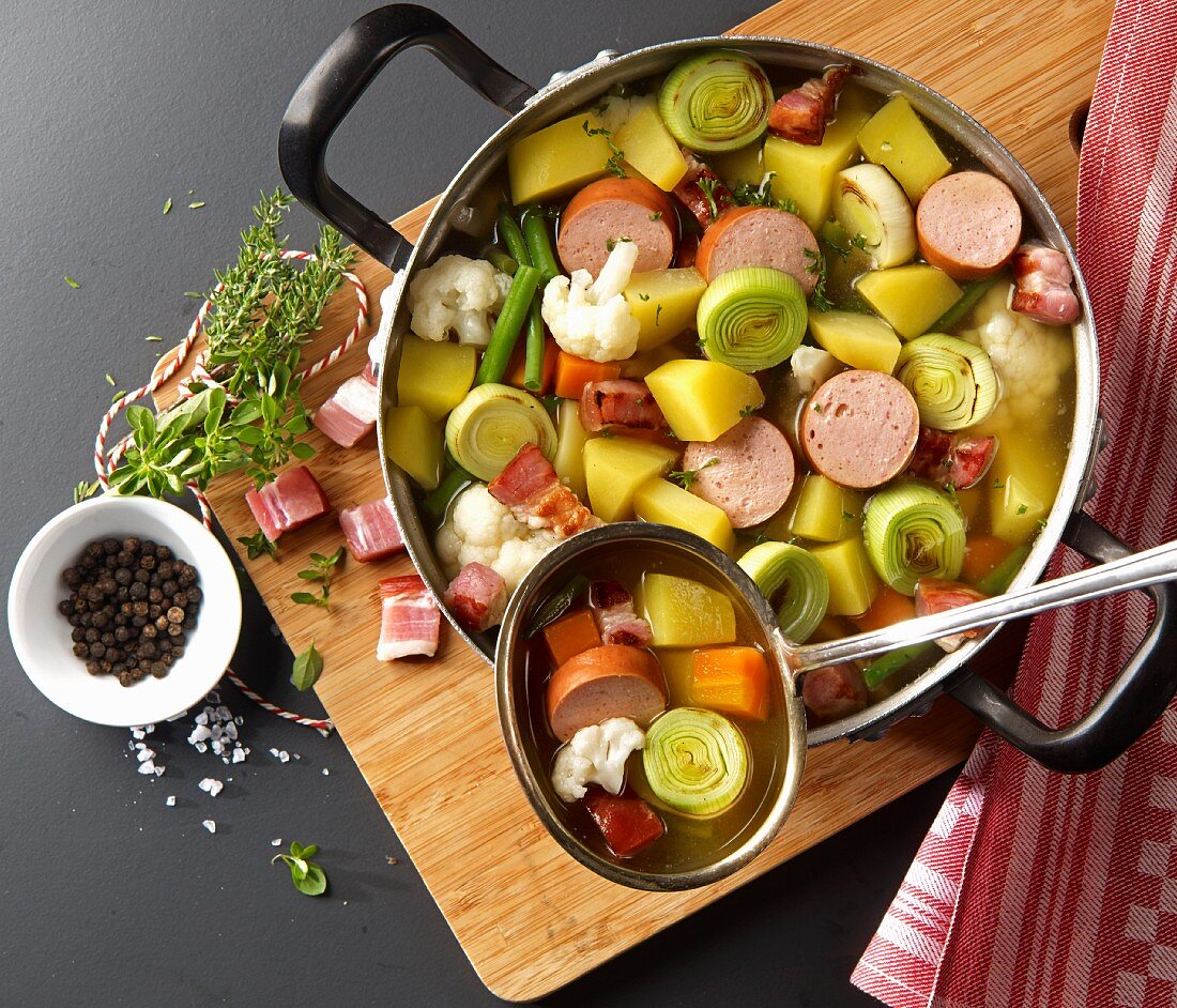 Vegetable stew with sausage and bacon (seen above)